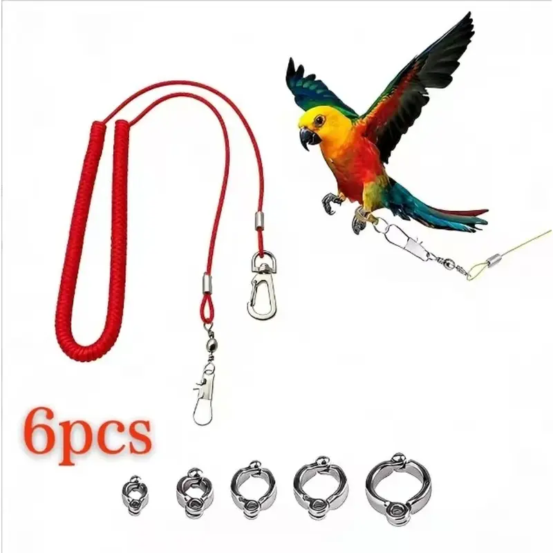 6pcs(1pcs traction rope +5 specifications anklets) retractable bird chest strap and traction rope with anti-biting anklets | 5 sizes, suitable for parrots, Kakati, love birds, peacock parrots, parrots-stainless steel flight training ropes,
