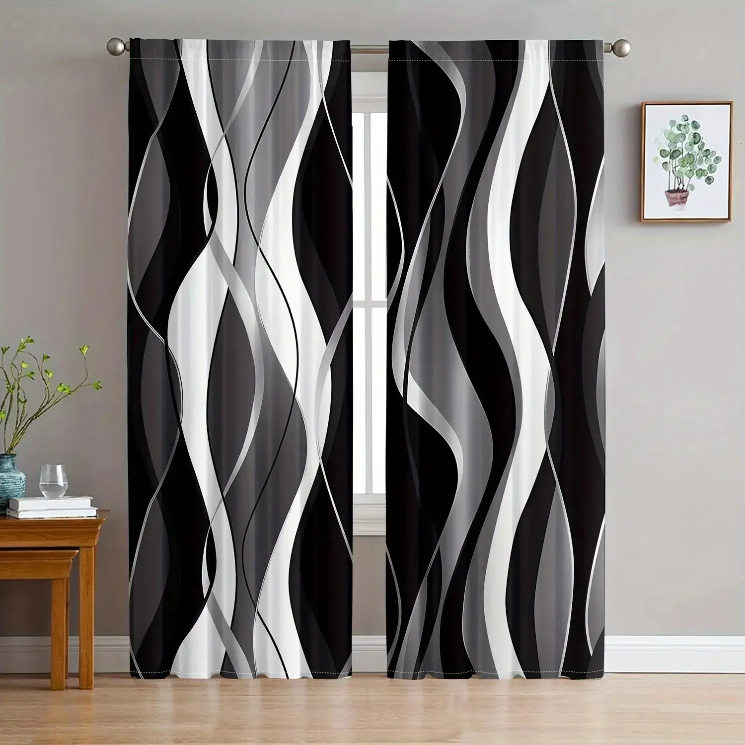 Multi-Color Abstract Wavy Line Printed Curtains 2 Panels, Modern Gradient Strip Washable Polyester Rod Pocket Drapes, Window Curtains