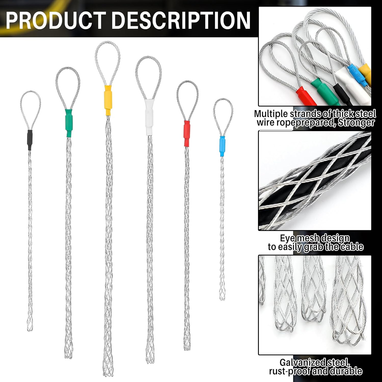 6 count  Puller Socks 4-25 mm  Pulling Sock Grip Kit Eye Mesh Wire Grip  Puller Wire Mesh  Grip Galvanized Steel Wire Pulling Tools for Light and Heavy Cables