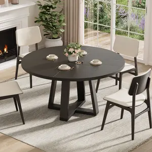 47.2" Round Dining Table for 4-6 People, Modern Black Kitchen Pedestal Table with Sturdy Cross Base & 1.18" Thick Tabletop, Contemporary Wood Grain Dining Room Table for Small Spaces (Table Only)