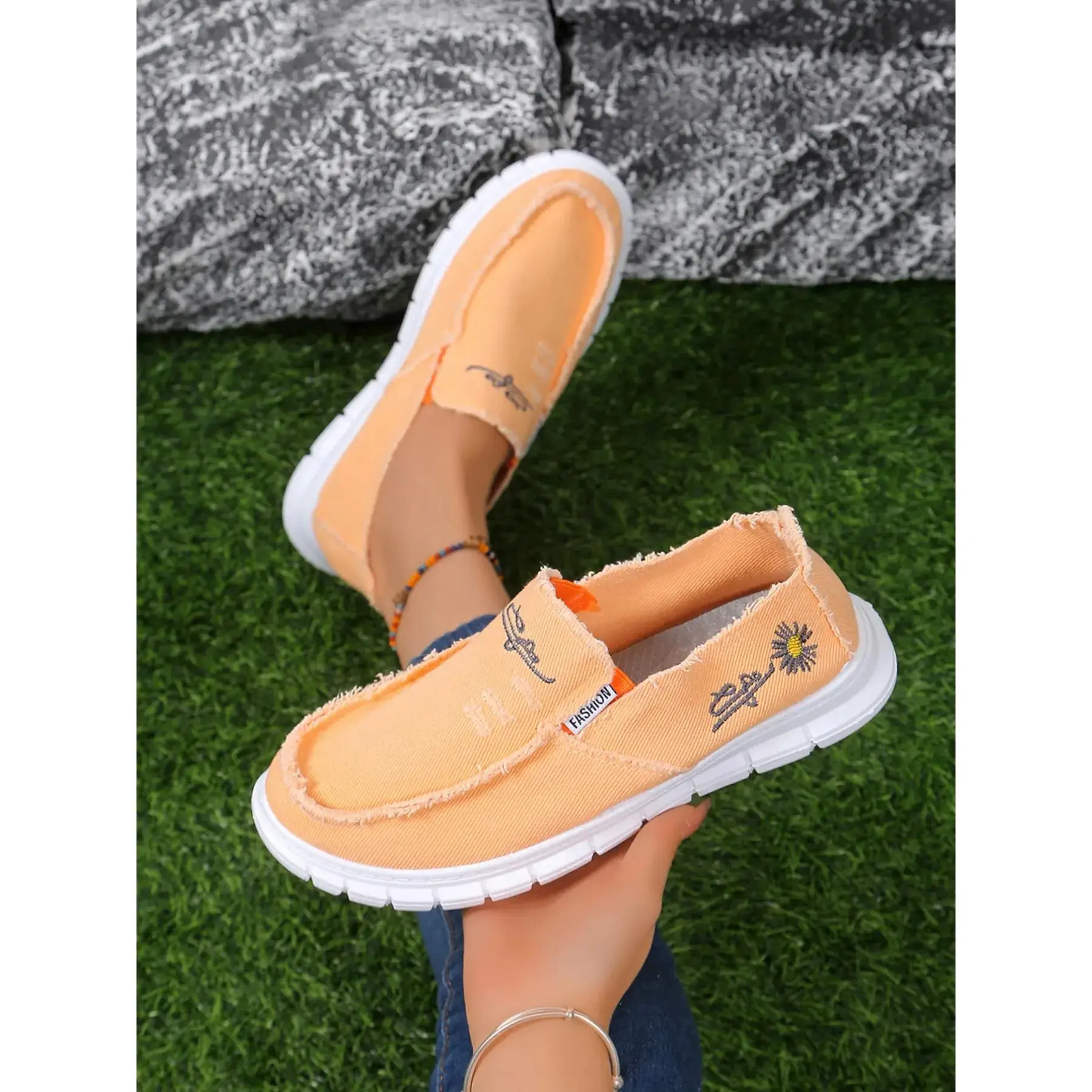 Jasmine Embroidered Denim Washed Loafers, Slip On Style, Unisex Casual Low Top Shoes, Smart Soft Anti-Slip Wear-Resistant Fashion Canvas Walking Footwear classic design everyday essential versatile comfort wear