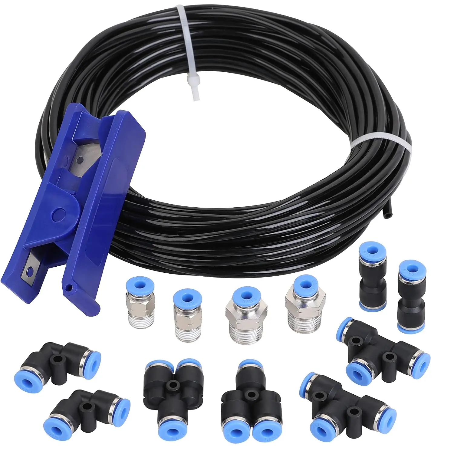 5/32 Inch (3.97MM) OD x 32.8FT Polyurethane PU Air Line Tubing Fittings Set, 14-Count Push Lock Plumbing Kits with Compressed Pipe & Accessories