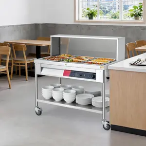 Heavy Duty Electric Food Warmer for Commercial Use – 9 x 8QT Stainless Steel Bain Marie Steam Table with Acrylic Guard, Overshelf & Undershelf, Adjustable Temperature, 1800W Mobile Water-Heated System