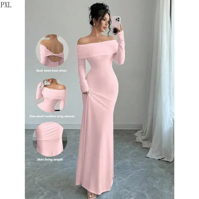 Elegant Fitted Long Sleeve Cinched Waist Double Layer Off-Shoulder Backless Twist Fishtail Hem Ribbed Knit Dress, White, Autumn/Winter Maxi Women Outfit Formal Womenswear Polyester Workwear Chic Minimalist Pink fit  RZY1010 Can be used with raincoat