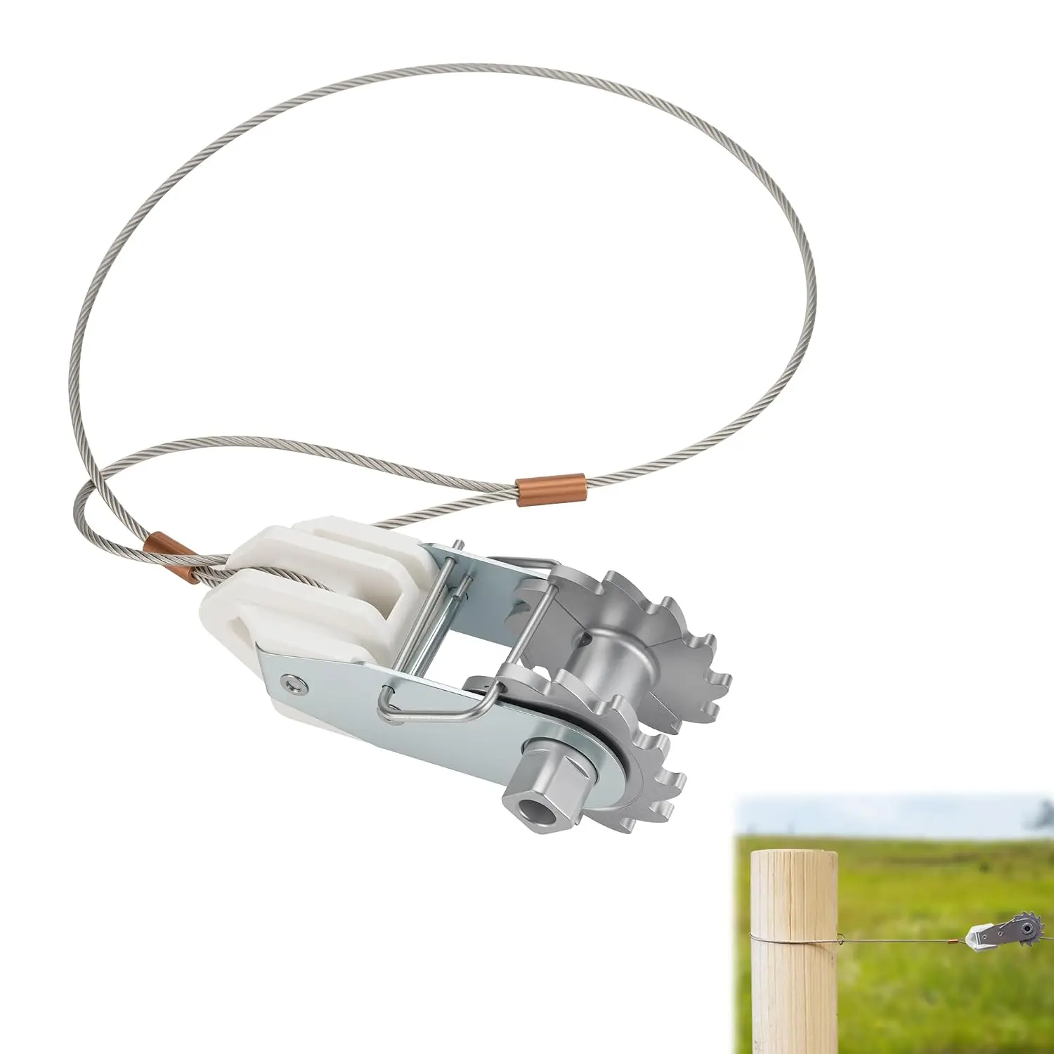 in-Line Electric Fence Wire Strainer, Termination Kit, Heavy Duty Wire Ratchet Electric Fence Tensioner with Integrated Insulator, Farm Fence