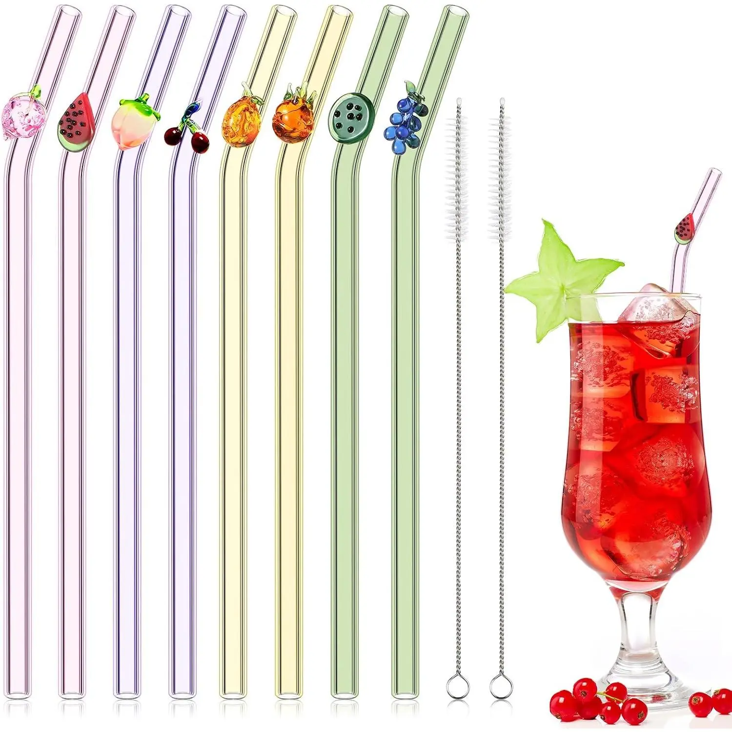 8 count  Glass Straws With Fruit Cute Fruit Desigh Drinking Straws 8in x 8mm Colorful Party Favors Decorations with 2 Cleaning Brushes for Summer Beach Birthday.
