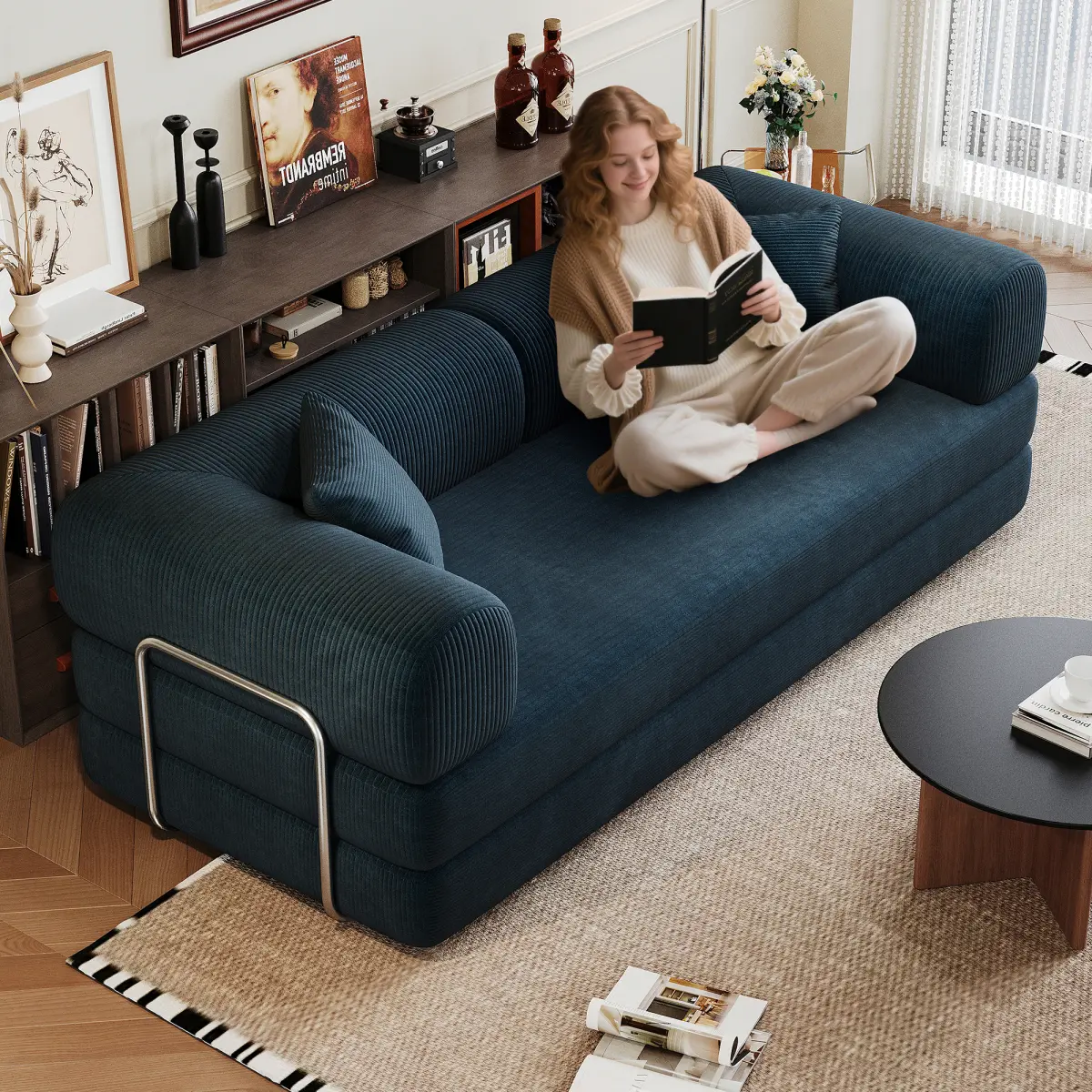 78.8" Compression Sofa,Convertible Floor Sofa Bed-with Pillow Back Support Armrest,Comfy Futon Couch Sleeper Bed,Loveseats Boneless Modular Sectional Sofa,Corduroy fabric,for Living Room,Bedroom,Blue