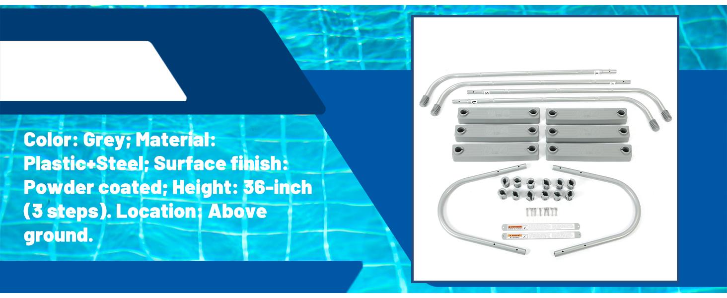 36 Inch Swimming Pool Ladder Above Ground W/ 3 Plastic Removable Steps Non-Slip Heavy Duty Steel - Grey