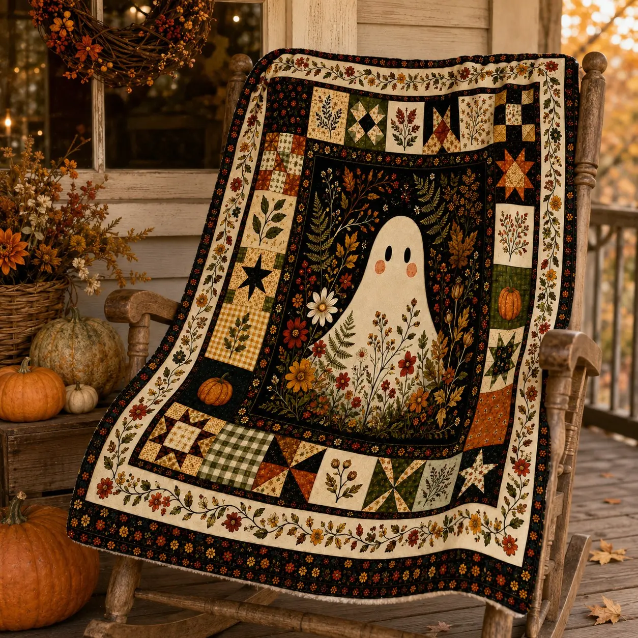 Retro Farmhouse Ghost Floral Quilt, Double-Sided Sherpa Throw Blanket, Cozy Warm Cover for Sofa Bedroom Office, Halloween Fall Gift