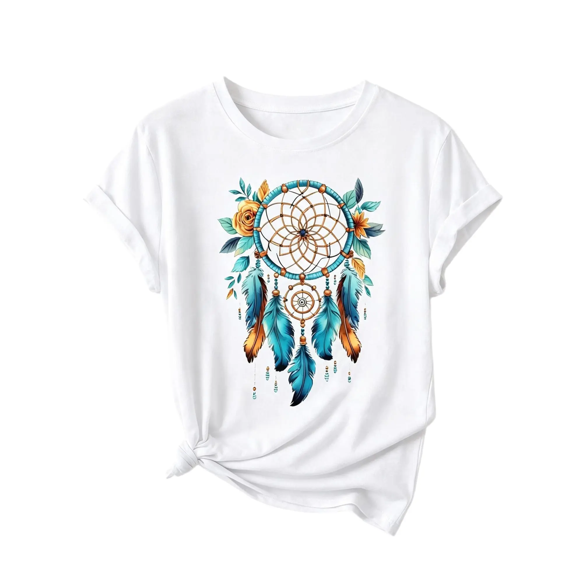 Boho Floral Dreamcatcher Feather Graphic Tees Women, 100% Cotton Short Sleeve Women's T shirts, Vintage Graphic Tees Oversized Tshirt Women Bohemian Nature Graphic Tops Casual Birthday Gift,women's graphic tees