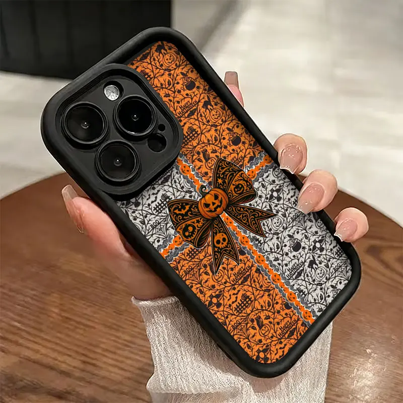 Pumpkin Bow Patchwork Halloween Phone Case,Vintage Spooky Bat Owl Pattern for iPhone 17 16 15 14 13 12 11 Plus Pro Max,Coquette Fall Holiday Girly Casual Present Gift