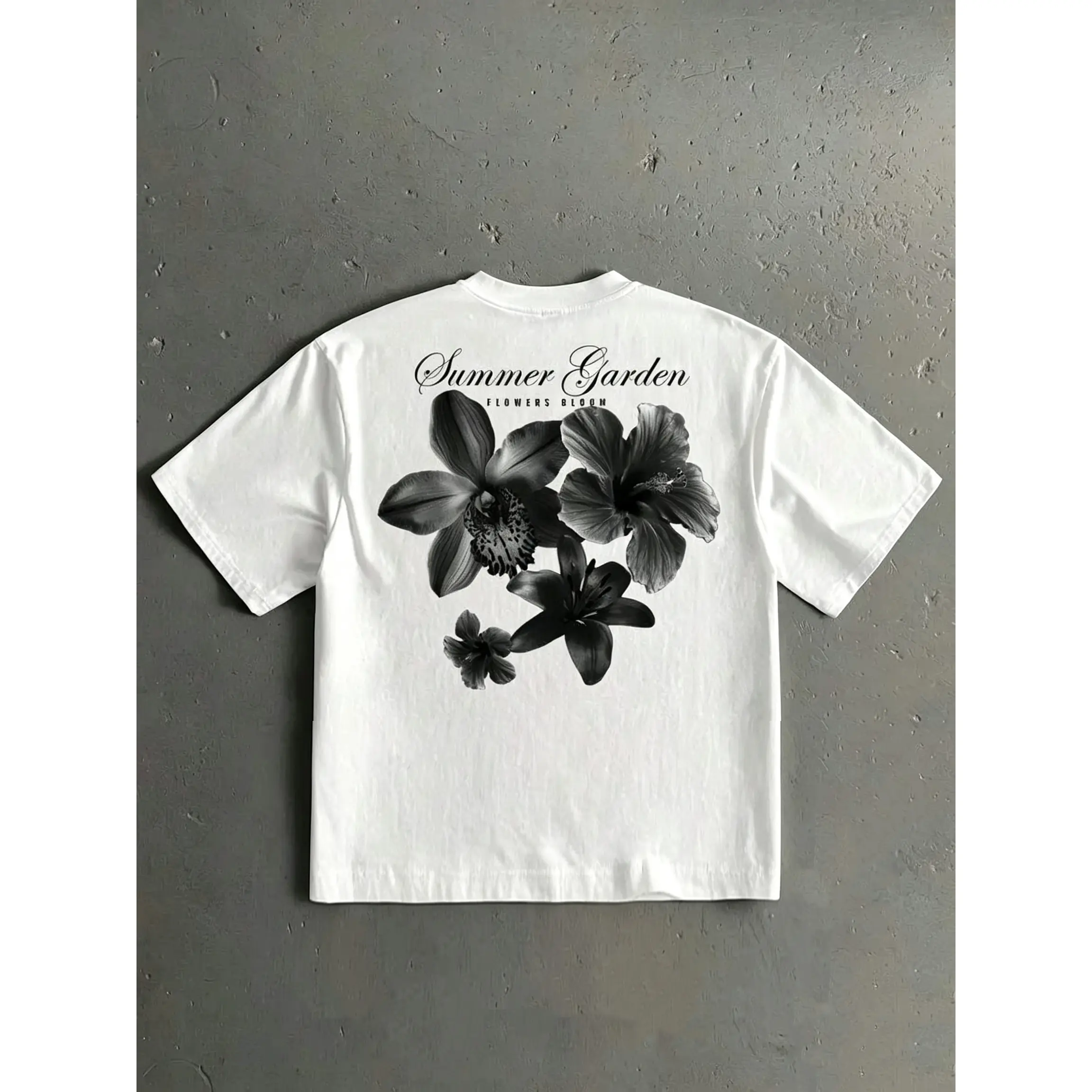 Men's Basic Ink Floral Handwritten Font Graphic T-Shirt - Round Neck, Loose Short-Sleeve, Standard Fit, Natural Fabric, Black & White, Summer Streetwear, City Break Gift