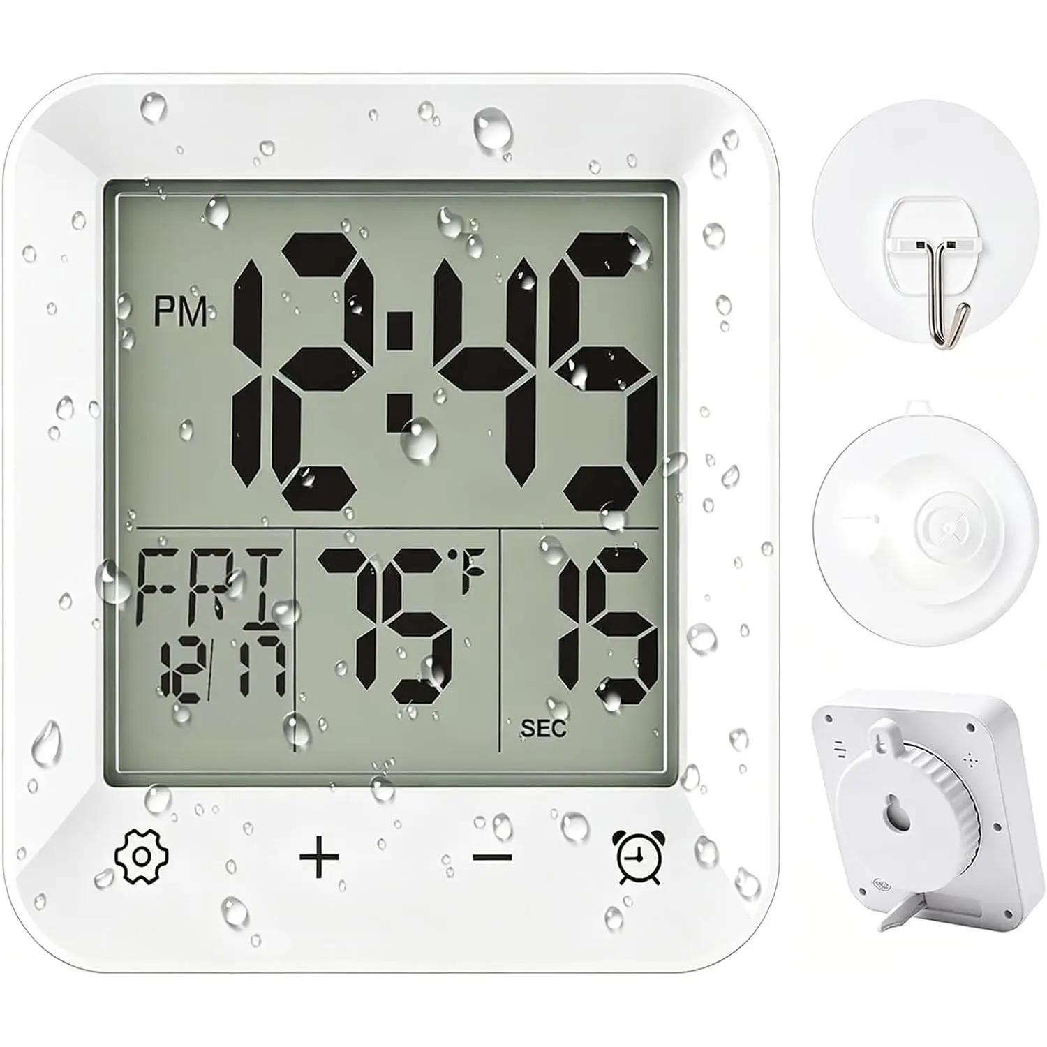 Waterproof Bathroom Timer - Digital Shower Clock with Countdown, Temperature & Humidity, LCD Display, Suction Cup Hanging Hole Stand for Bathroom, Kitchen, and More, Battery Operated