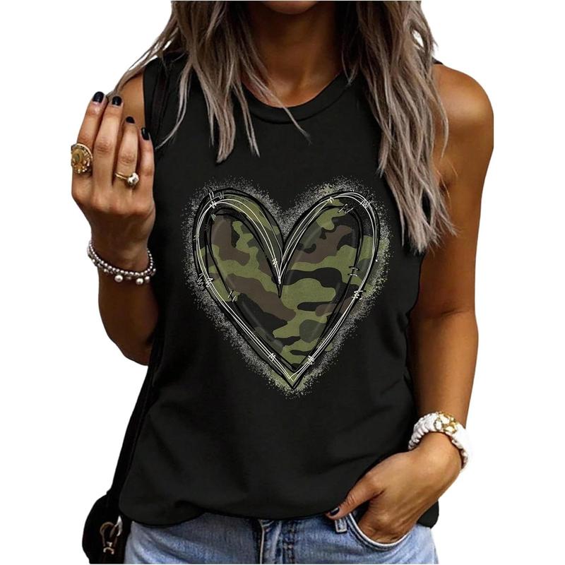 Women's Camo Heart Print Going Out Top Sleeveless Tank Top Crewneck Casual Shirt