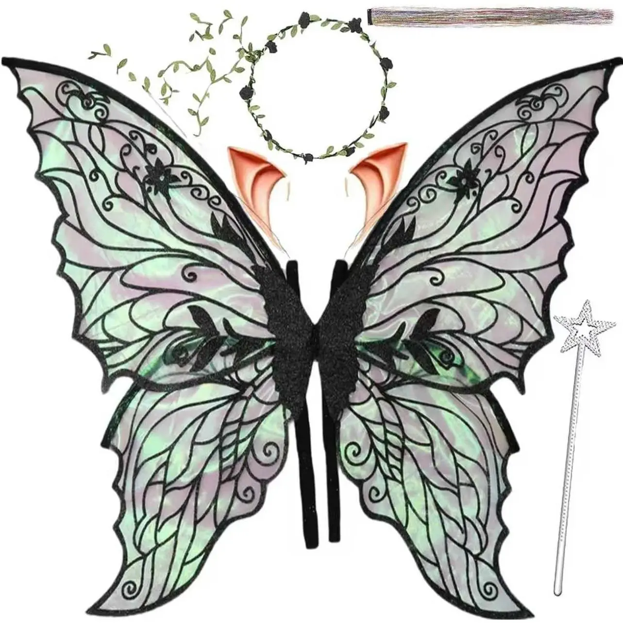 Fairy Wings for Adults, Fairy Costume Set with Floral Garland, Fairy Hair Tinsel, Wand & Elf Ears – 31.5"x21.6" Organza Butterfly Wings – Ideal for Cosplay, Party, Black