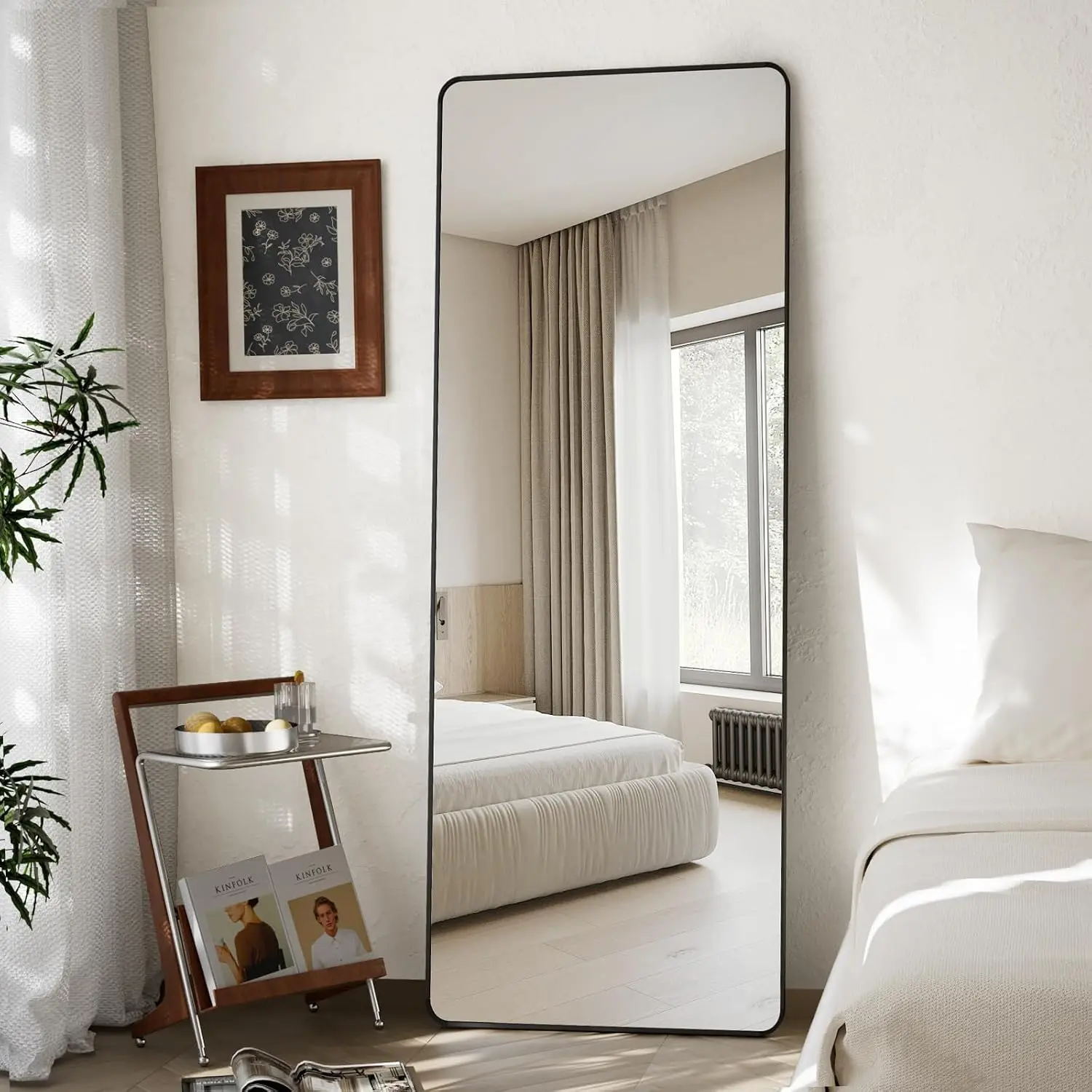 Round Corner Mirror Full Length, 21" x 56" Matte Black | Floor Mirror with Stand  Alloy Frame Full  Mirror, Standing  or Leaning for Bedroom Horizontal Vertical