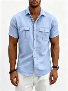 Men's Linen Cargo Short Sleeve Button Down Shirt, Summer Lightweight Breathable Lapel Collar Double Chest Pocket Casual Top, Wrinkle Resistant Vacation Resort Shirts Available in 7 Colors