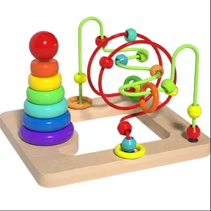 2-In-1 Wooden Activity Toy for Toddlers, Colorful Bead Maze and Stacking Ring, Educational Learning Toy for Kids, Fun and Engaging Playset