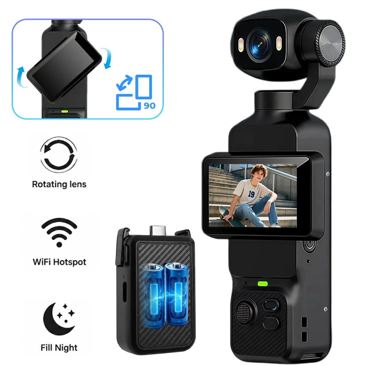 Pocket Digital Camera with 180° Rotating Lens, Vlogging Camera with WiFi Instant Transfer, Dual LED Fill Light, Loop Recording, Portable Handheld Camera for Vlog Beginners and Social Content, Vlogging Video Camera