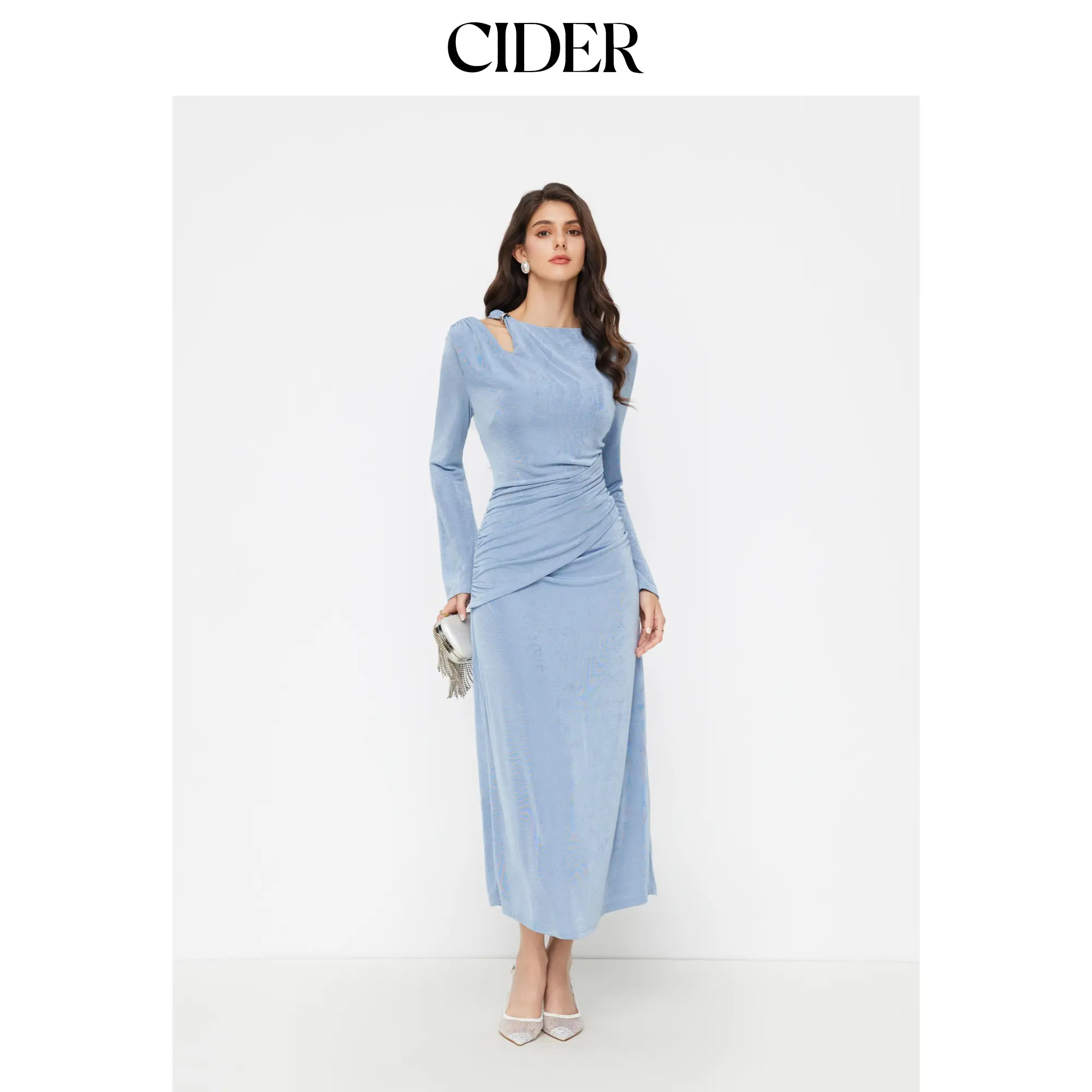 Cider Asymmetrical Neck Ruched Texture Metal Maxi Dress