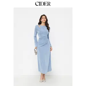 Cider Asymmetrical Neck Ruched Texture Metal Maxi Dress