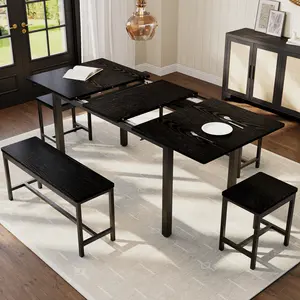 5-Piece Extendable Dining Table Set for 4-8 People, 63" Modern Kitchen Table with 2 Benches & 2 Stools, Metal Frame Space Saving Dining Room Furniture for Apartment Small Space Home Dining Party, Easy Assembly, Seats 4-8 People
