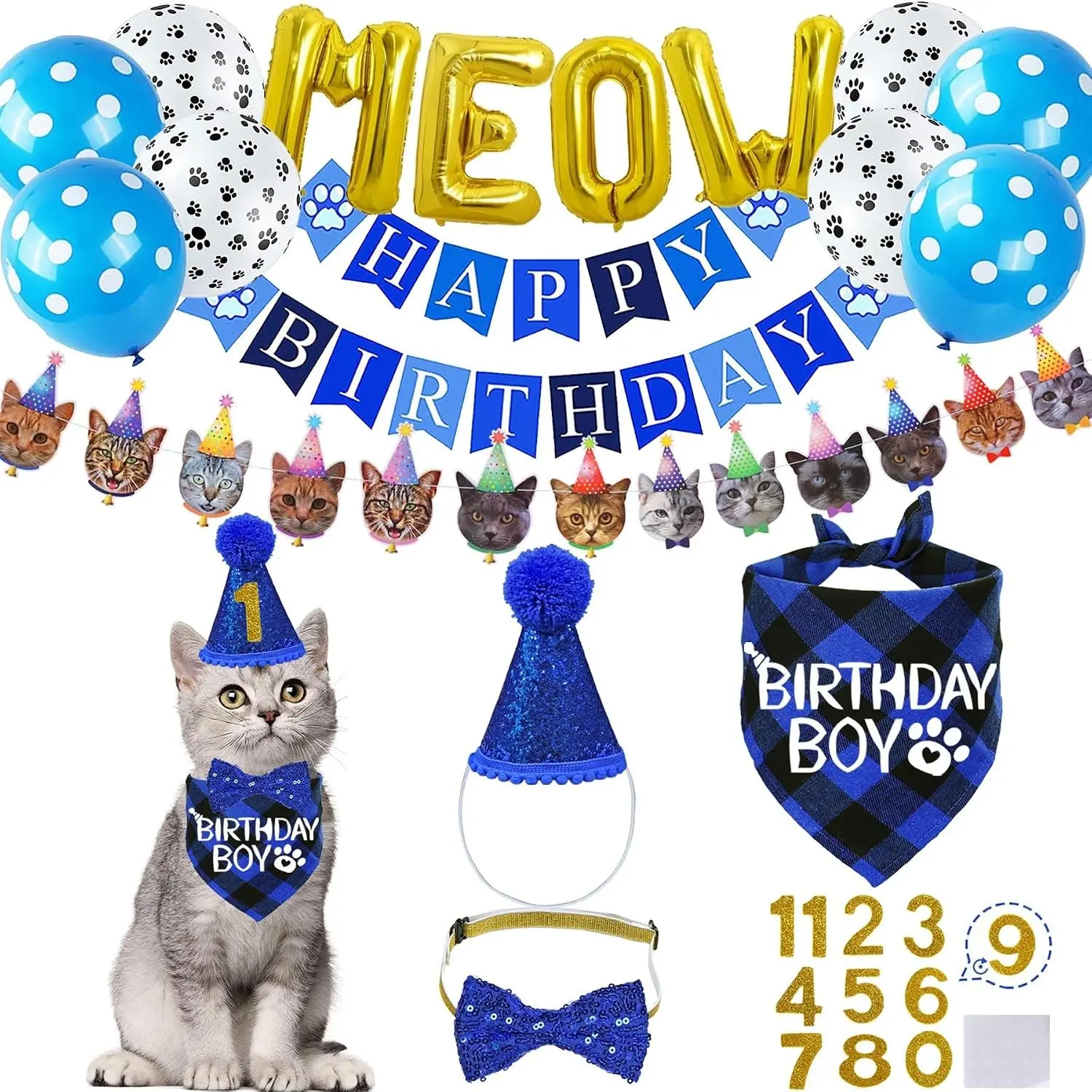 Cat Birthday Party Supplies, Cat Birthday Hat with Numbers Bandana Bow Tie Collar Banner Garland MEOW Letter Balloons for Cats Kittens Outfits Decorations