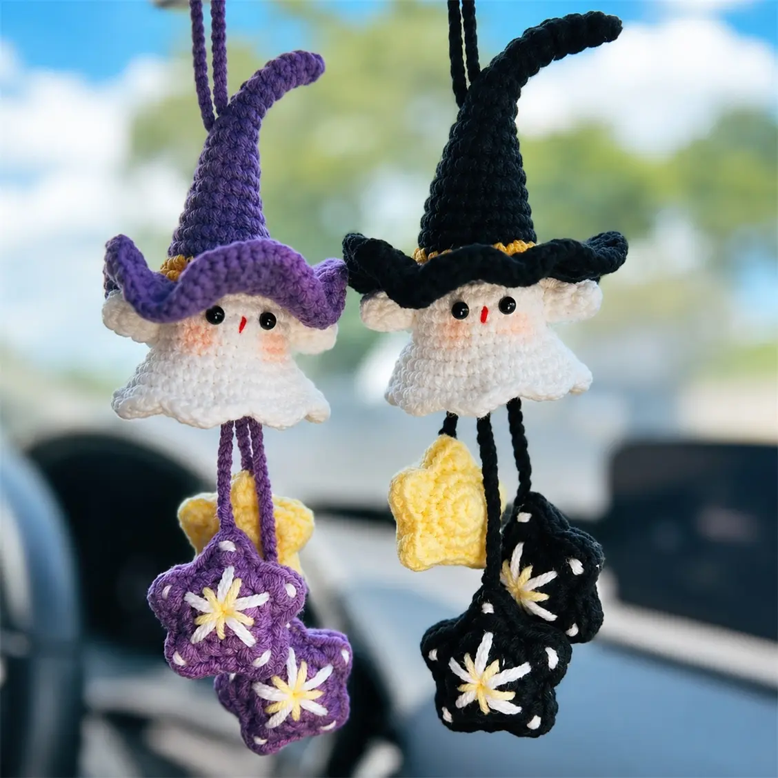 Crochet Witch Car Hanging Ornament, Handmade Knitted Halloween Car Charm, Cute Ghost Doll Rearview Mirror Decoration, Spooky Season Auto Accessories, Fun Holiday Gift for Car Interior Decor