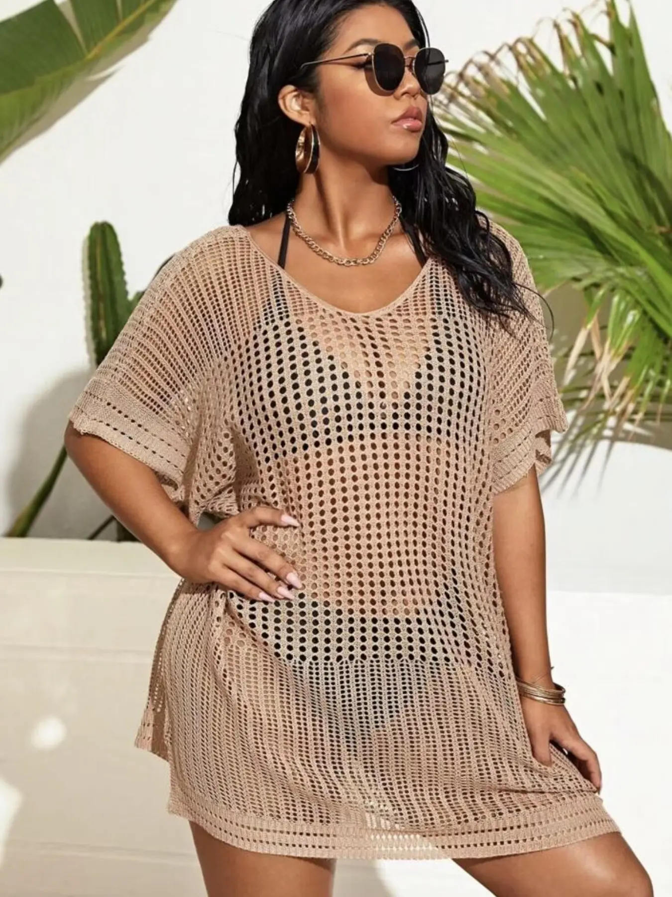Plus Size Women's Plain Sheer Cut Out Short Sleeve Dress, Backless Sexy Knit Top, Summer Beach Holiday Wear, Festival Clothing, Beachwear Cover Up, Sheer Cover Ups