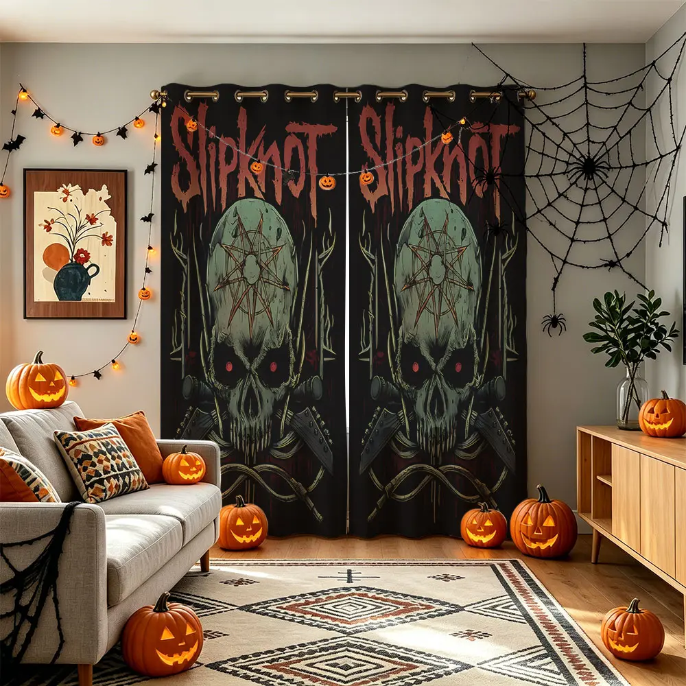 Metal Band Skull Horror 2 Panels Grommet Blackout Curtains, Dark Gothic Spooky Thermal Insulated Window Drapes for Bedroom