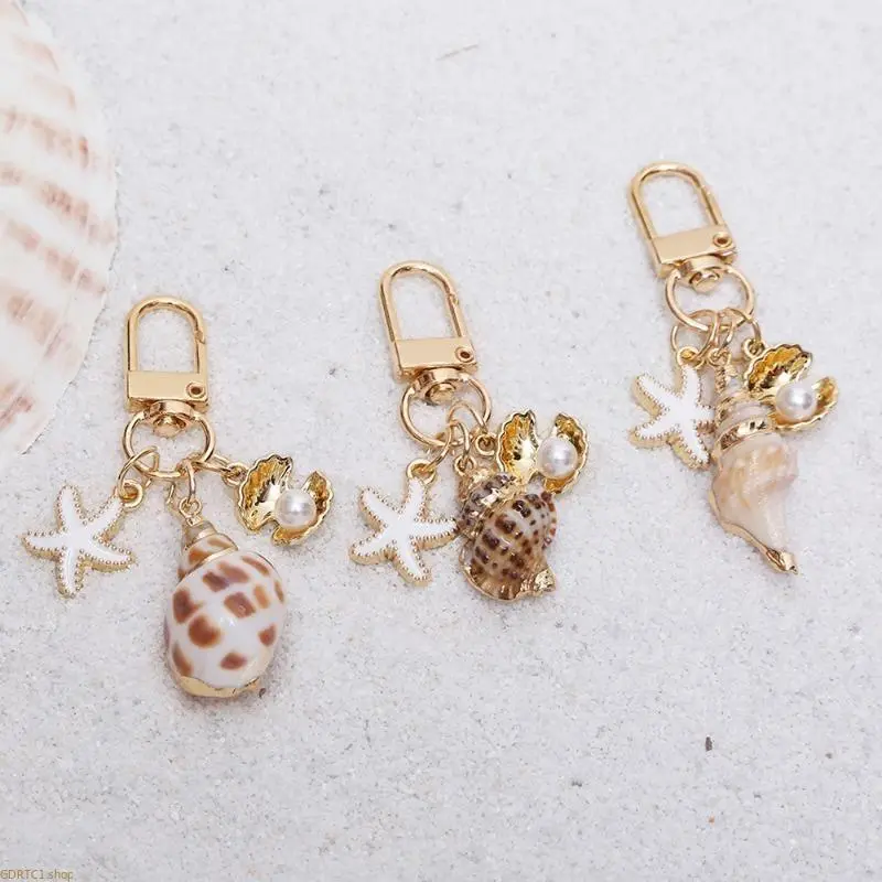Women's Twill Ocean-Inspired Seashell Keychain - Cute Metallic Layered Charm, Secure Clasp, Easy to Clip On and Off, Starfish Coastal Design, Durable Build Bag Accessory for All Bags, Beach Trip Souvenirs