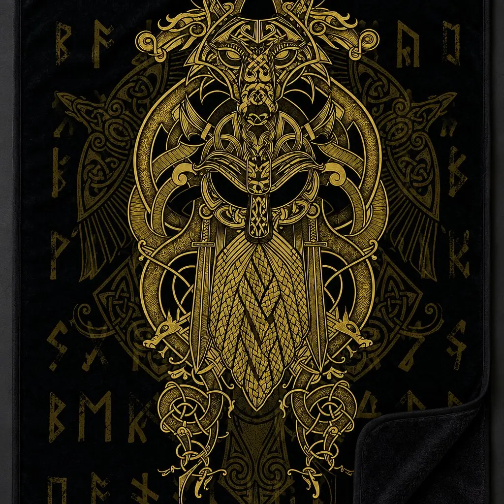 1Pc Norse Wolf Rune Celtic Knot Sherpa Flannel Throw Blanket, Viking Nordic Mythology Theme, Vintage Golden Line Totem Art Style, Double-layer Thick Plush Skin-friendly Fabric, Warm Anti-pilling Fade-resistant Washable Material, For Bedroom Sofa, Gaming R