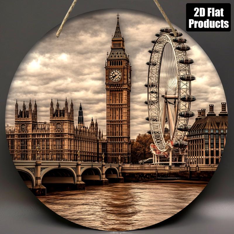 1PC London Theme Round Wooden Wall Art - Suitable for Bars, Kitchens, Cafes, Homes, Office Decorations - Includes Big Ben and London Eye, Perfect for Parties and Holiday Gifts, Office Decorations| London Skyline Art| Durable Wooden Picture Frame, London W