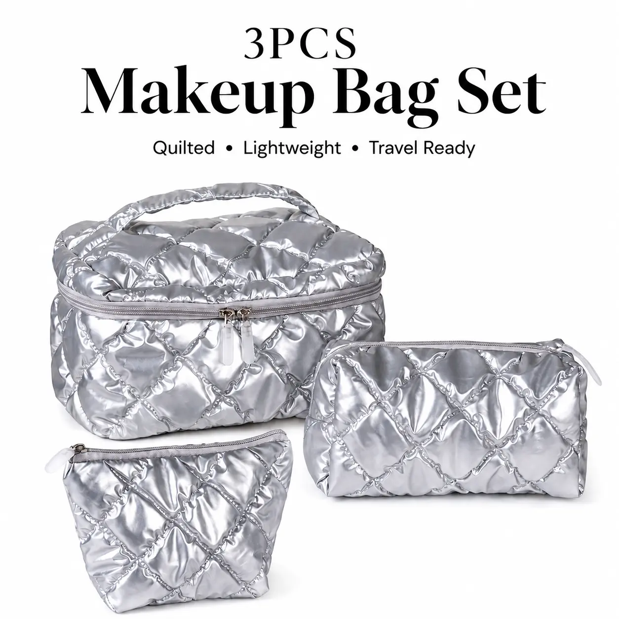 3 PCS Makeup Bag, Puffy Padded Travel Cosmetic Organizer for Women, Wide-Open Makeup Case for Toiletries, Accessories, and Brushes-YY1