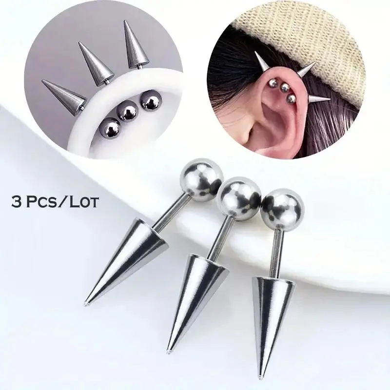 3pcs/Lot Punk Rock Stainless Steel Spike Helix Stud Earrings Devil Ear Stack Cartilage Body Piercing Jewelry Set for Men Women