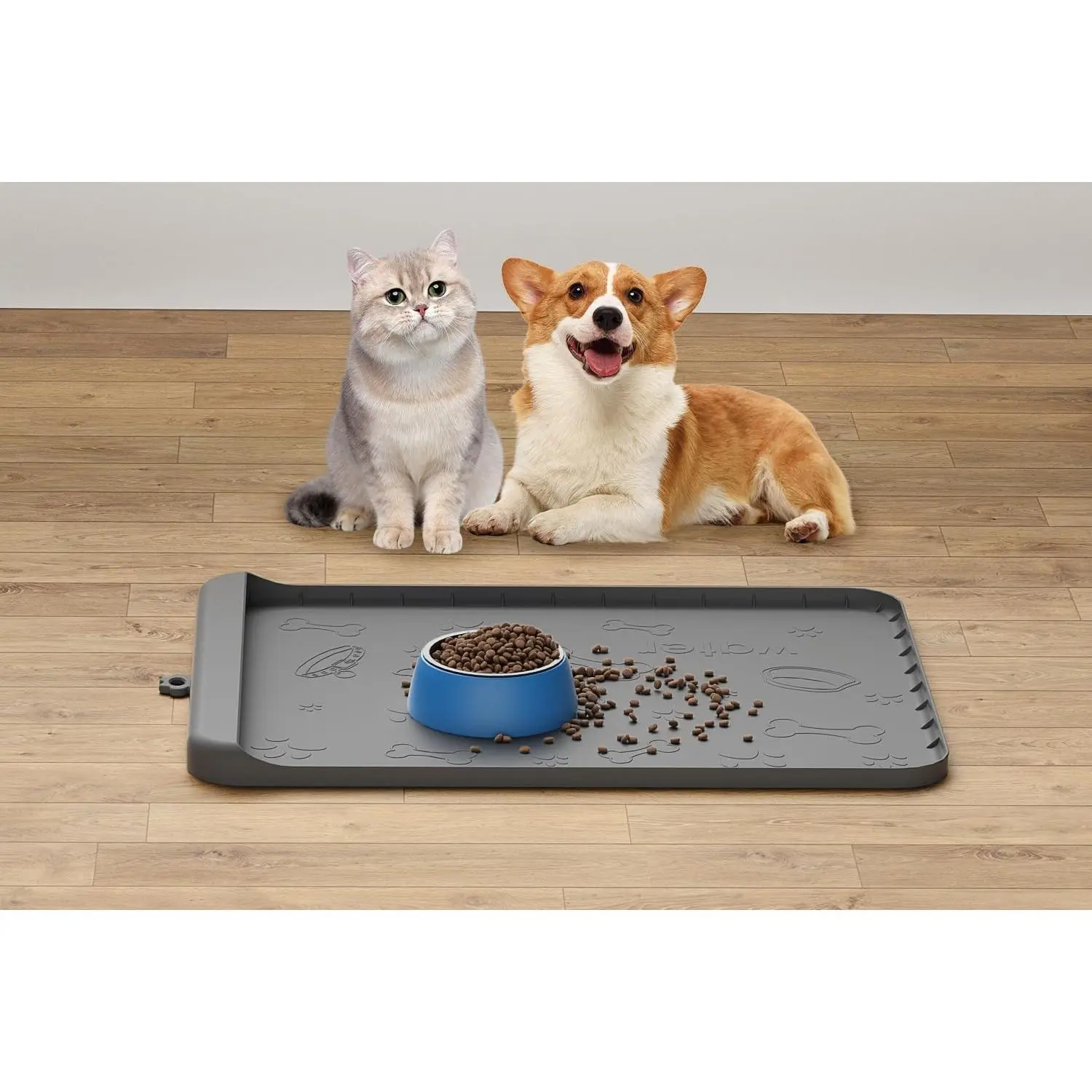 Dog Food Mat - Silicone Dog Mat for Water - 19" x 12" Pet Feeding Mats with Residue Collection Pocket - Waterproof Cat Bowl Mat with High Edges to Prevent Water Food Spills (Gray)