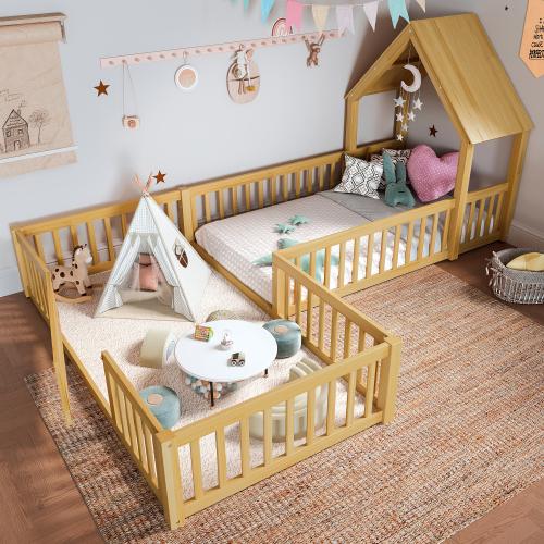 [Bellemave]Twin/Full Size House Floor Bed, Double Twin Floor Bed with Door and Full-length Guardrails, Multi-function Design, White