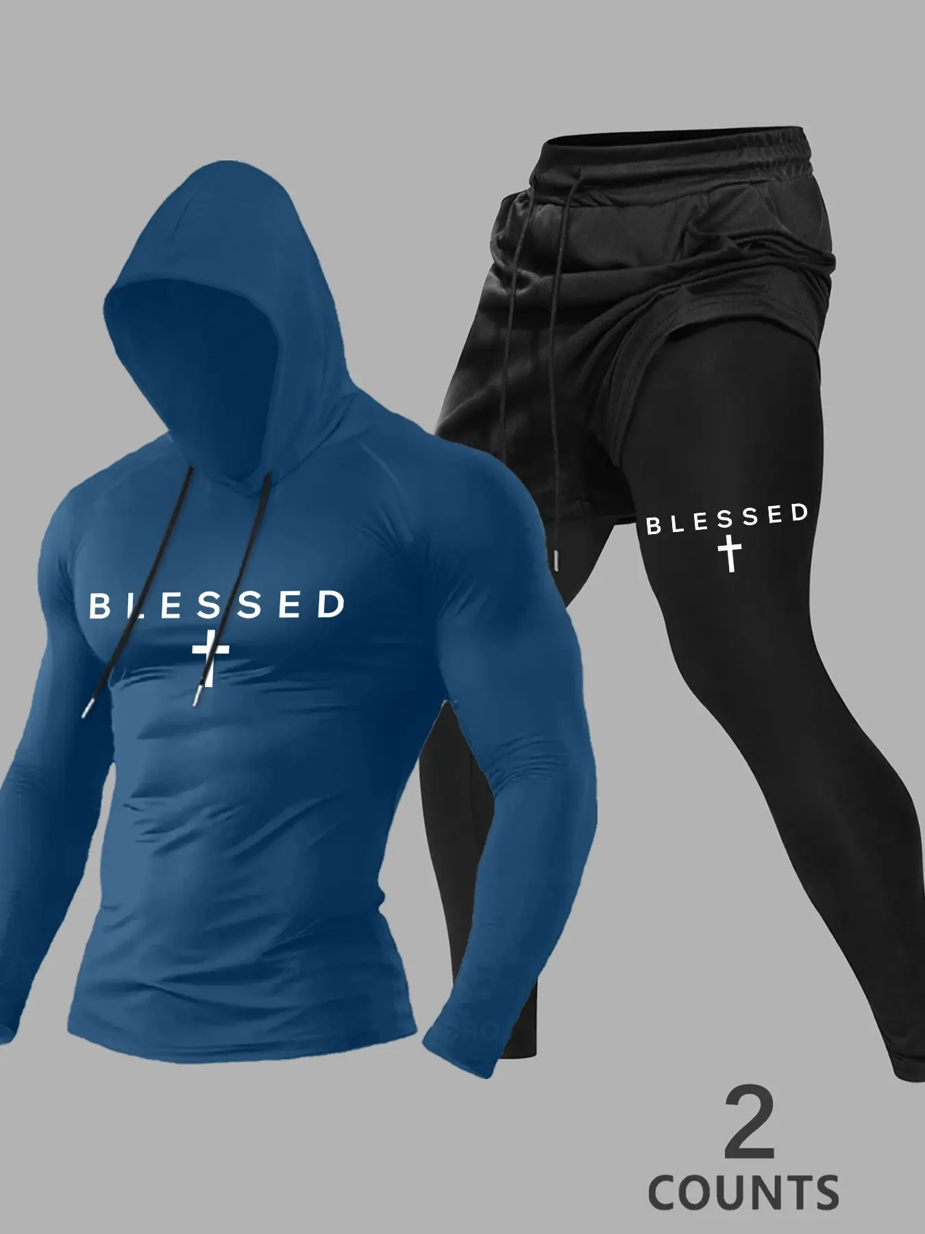 Men's Blessed Print Two-Piece Fitness Set, Fitted Hoodie + Double-Layer Tight Pants, Comfortable Gym Workout, Sportswear Set, Spring & Fall