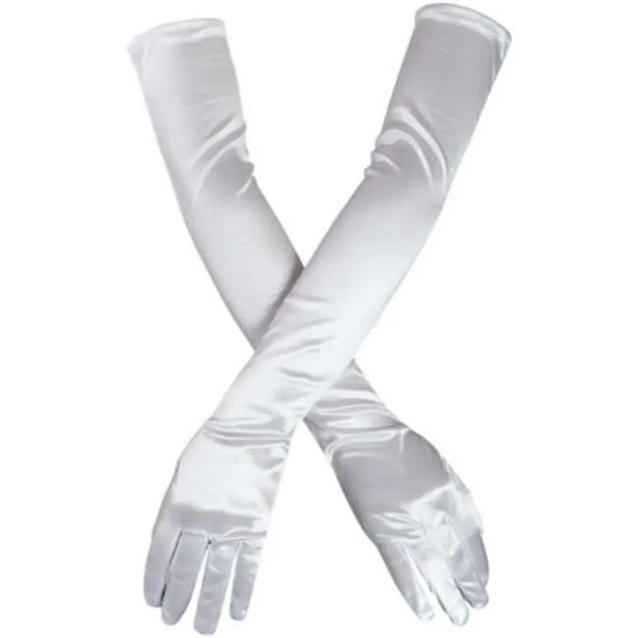 Women's Evening Party Mittens 21" Long Black/White Satin Finger Gloves