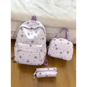 [Back To Shcool]Small fresh color bow three-piece set, backpack, handbag, pencil case sweet student set, fashionable, cute, suitable for students' daily commuting, travel, etc.