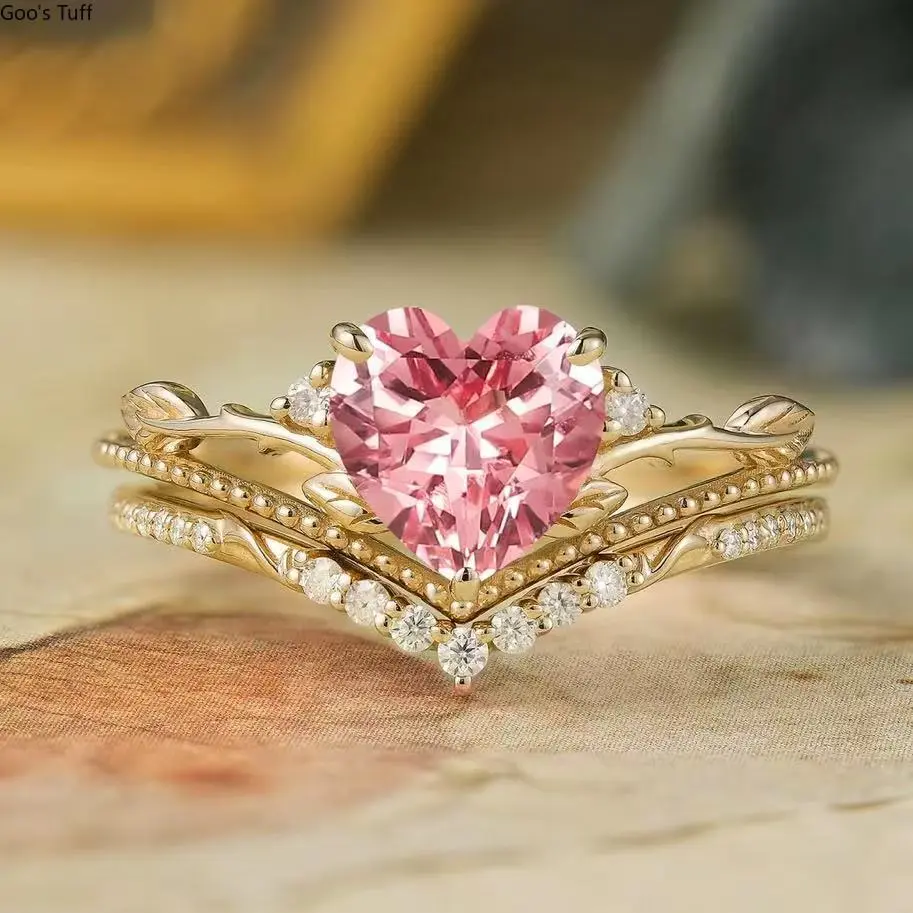 Women's Gold-Plated Pink Heart Diamond Twig Crown Stackable Female Ring Set, Vintage Palace Costume Jewelry, Valentine Gifts for Women (Sizes 6-10)