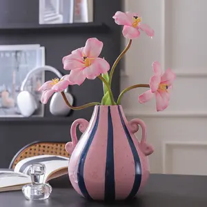 Double‑Eared Striped Hand‑Painted Ceramic Vase, Minimalist High‑End Decorative Ornament for Home, Flower Arrangement Container for Living Room