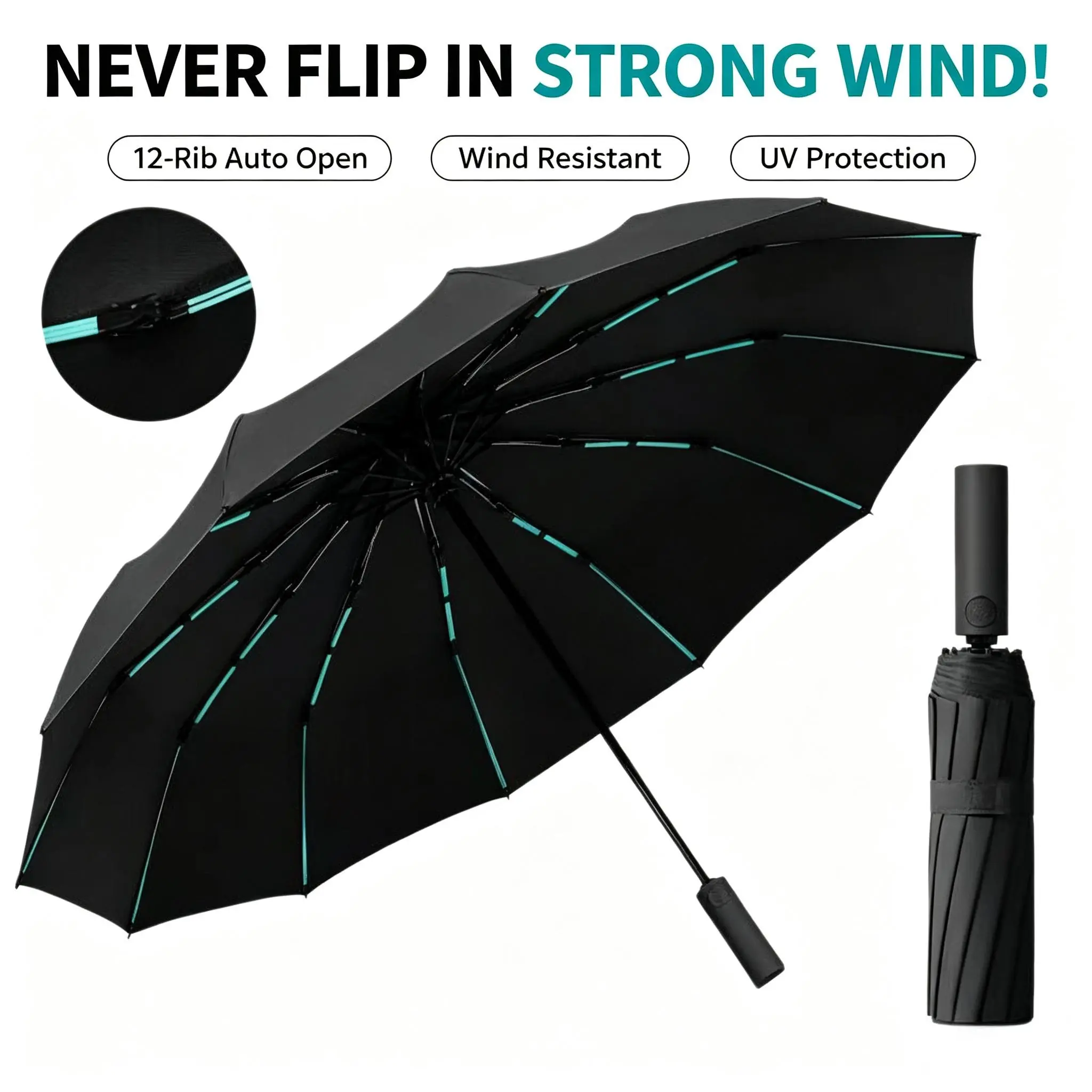 Sturdy Reinforced 12-Rib Auto Open Parasol, Wind & UV Resistant, Portable Dual-Use Commuter Umbrella, Ideal for Outdoor Use, 1pc
