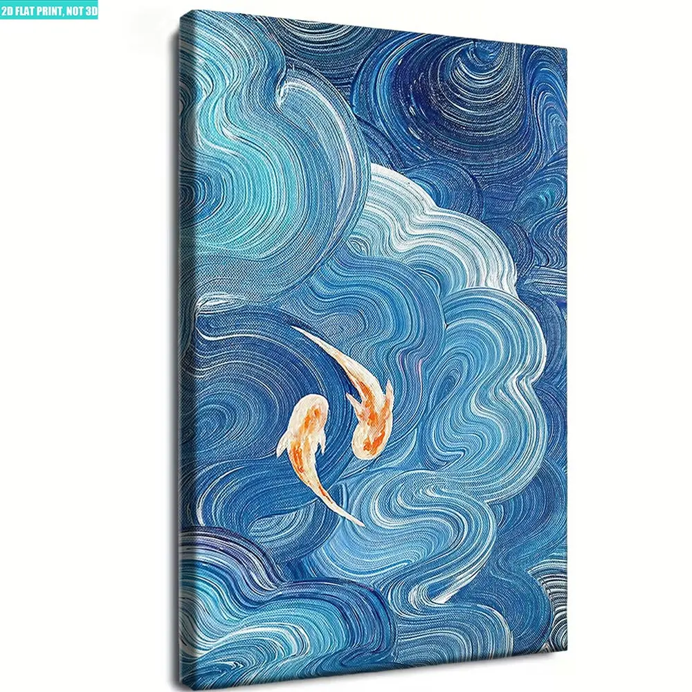 Single piece modern artistic canvas poster printed with blue wave and koi fish animal pattern, wall art print for home decor, for artistic viewing only with no commercial value Personalized Pet Portrait church unique art decoration