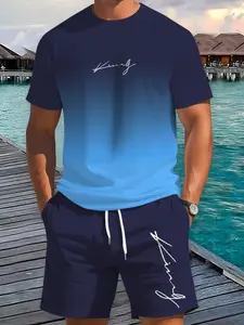 Gradient Color Men's Short Sleeve Tee with Gym Shorts, Summer Casual Fashion Two-Piece Set, Loose-Fitting, Above the Knee, Loose Casual Athleisure