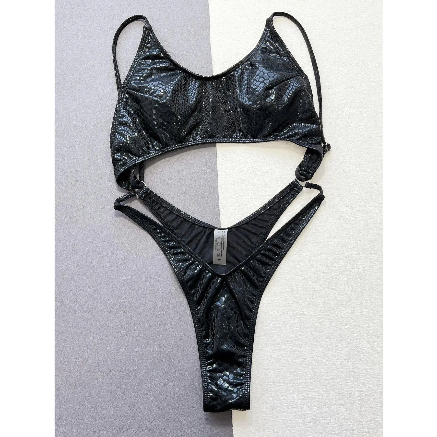 Women Black Snake Print Metallic Swimsuit One Piece Hollow Backless Bikini Swimwear Bathing Suit Beach Outfits Bodysuit Biquini