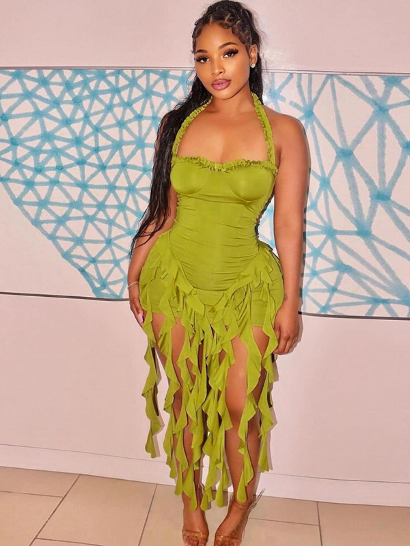 Women's Y2K Octopus Bodycon Dress Plain Ribbon Halter Neck Ruffle Hem Backless Sleeveless Mini Dress for Party Club Dating Summer Fashion Valentine's Day Gift