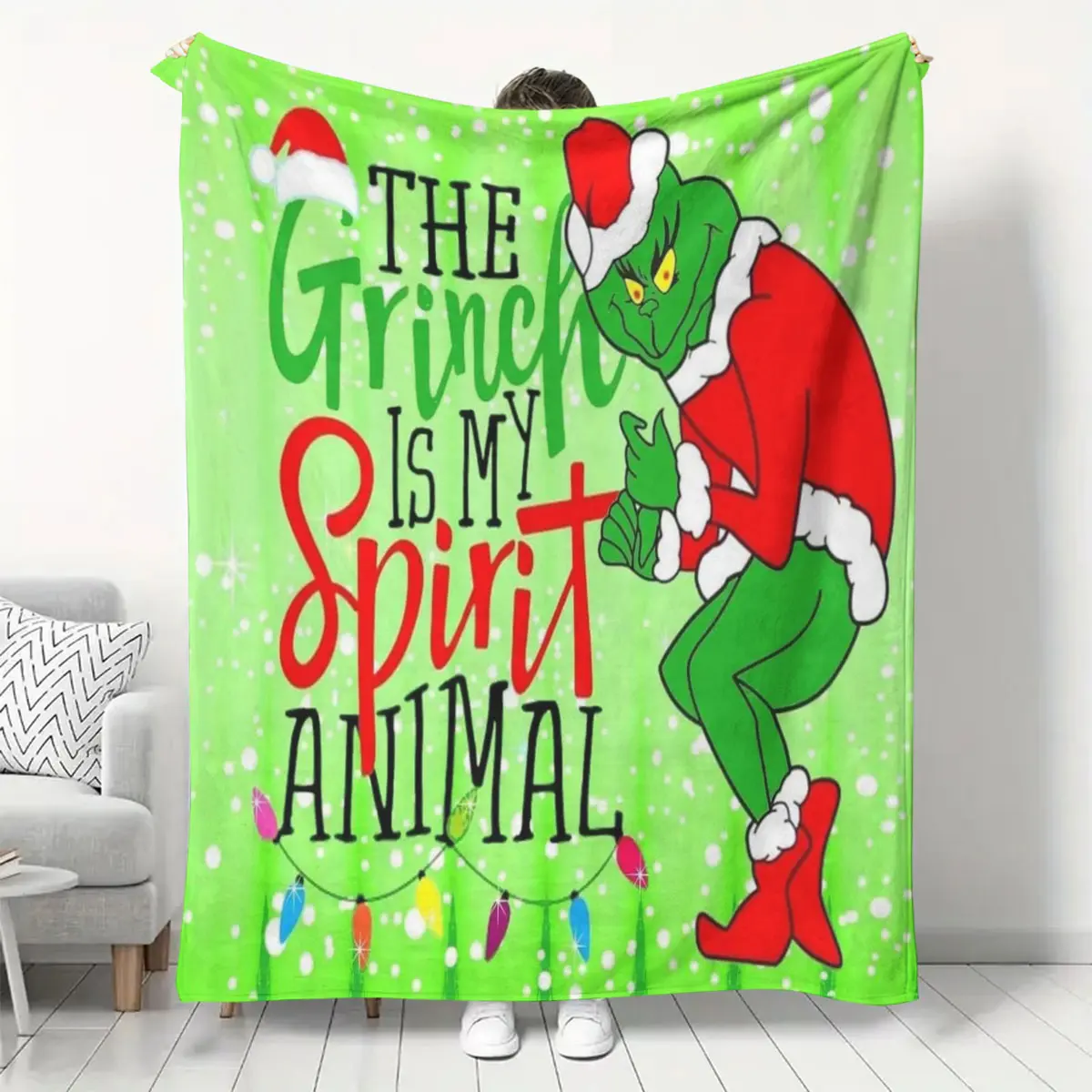Christmas Grinch Flannel Blanket, Cute Cartoon Pattern, Soft Comfortable, Home Decor, Perfect Holiday Gift, Ca Prop 65 Compliant