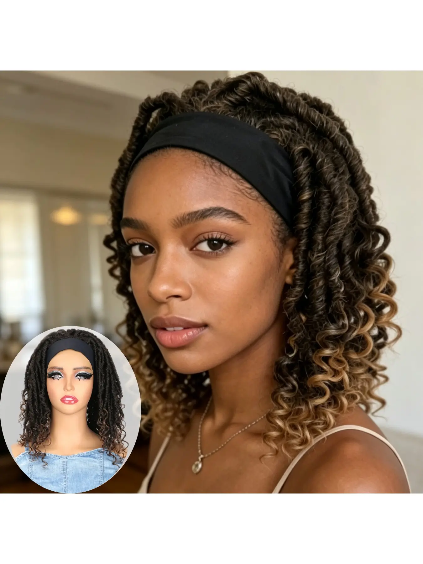 16 Inch Curly End Faux Locs Headband Wig T30 Ombre Synthetic Dreadlock Wigs For Women Lightweight Soft Braided Headband Hair Easy Install No Lace Wigs  Casual Club Occasions