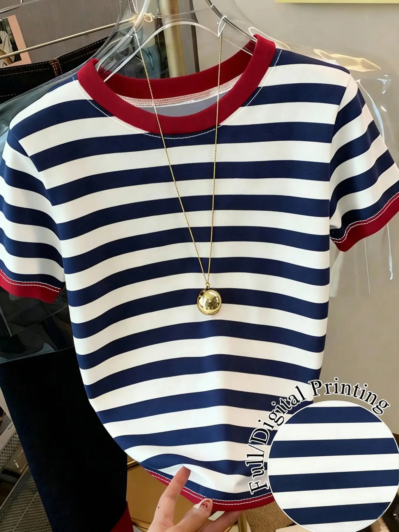 Womens Contrast Ringer Collar Striped Short Sleeve T-Shirt Navy White Red Trim Slim Fit Preppy Aesthetic Vintage Nautical Streetwear Coffee Run Weekend Brunch City Stroll Casual Hangout Spring Summer Outfit Fashion Apparel